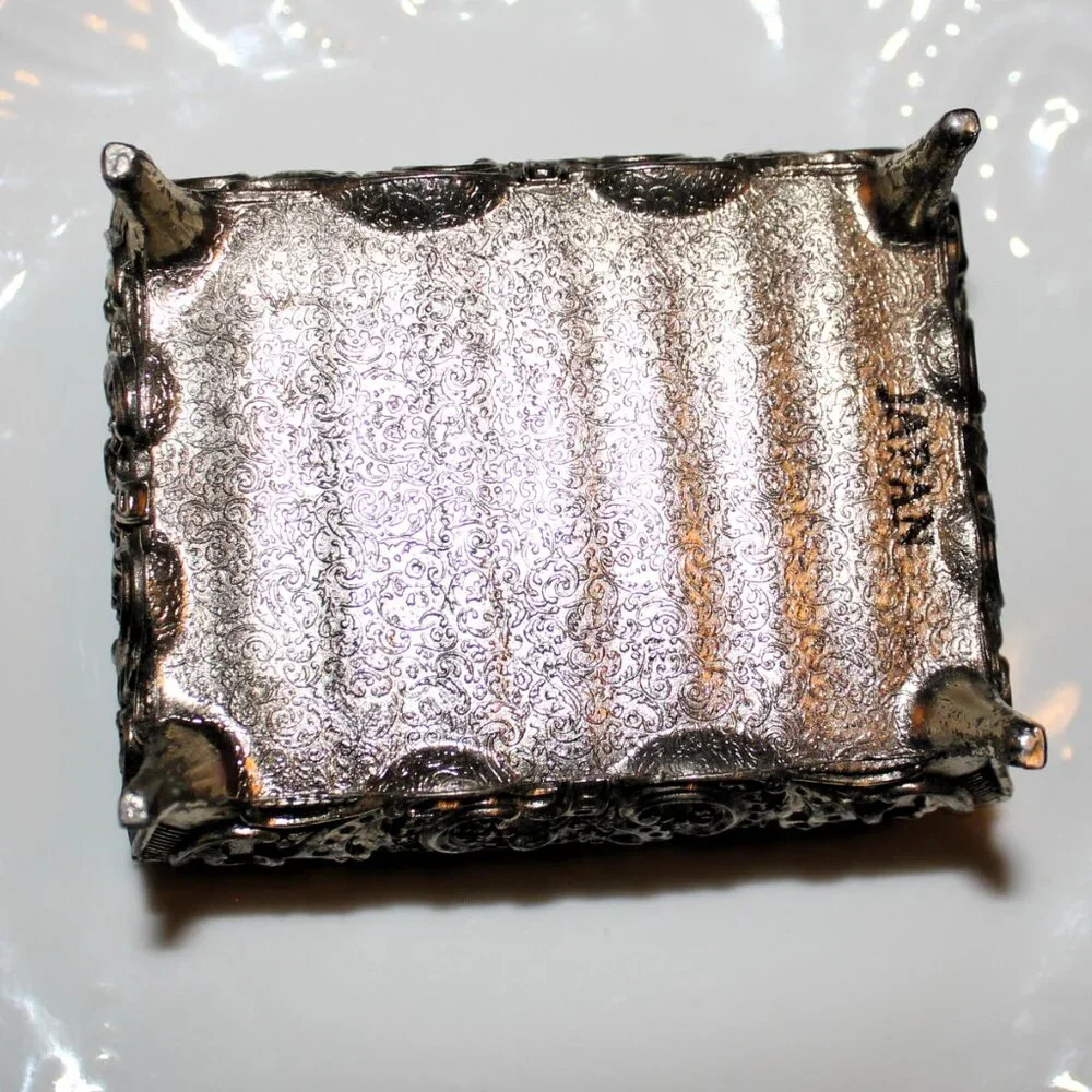 Vintage Japan Silver Jewelry Box Romantic Repoussé Trinket Case with Red Velvet